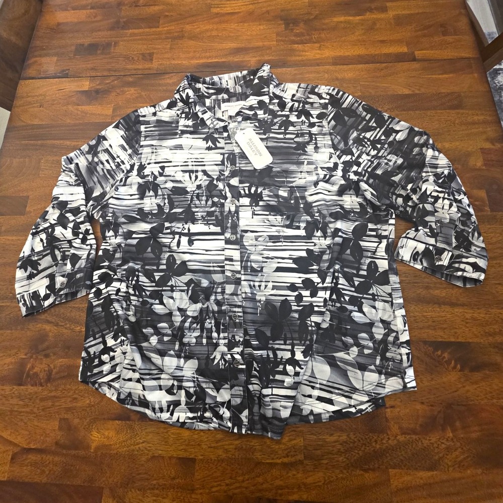 allison daley womens 1X black gray white floral collared knit stretch shirt 068